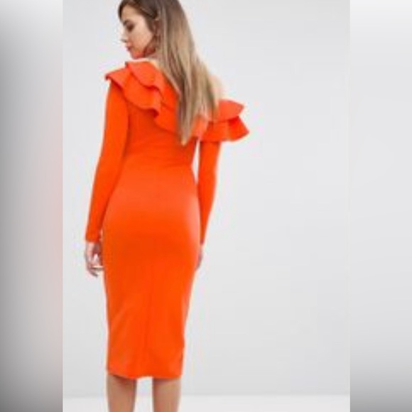 NWT ORANGE ASOS CLUB L LONDON ONE SHOULDER  FRILL MIDI DRESS  L/16 - Picture 2 of 6